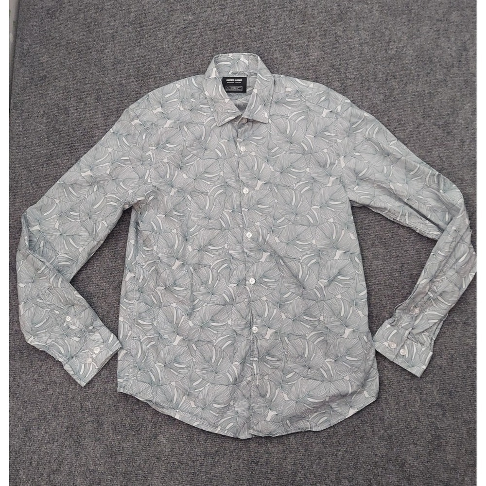 Jared Lang Button Shirt Mens Medium Gray Slim Allover Palm Print Peruvian Cotton
